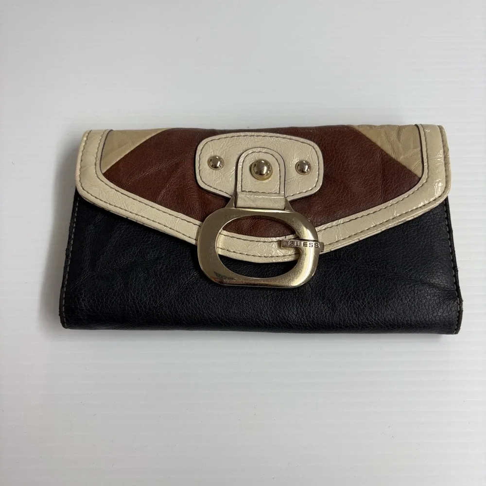 Vtg Y2K Guess Black Brown Cream Colorblock Slim Clutch Wallet crocodile Print